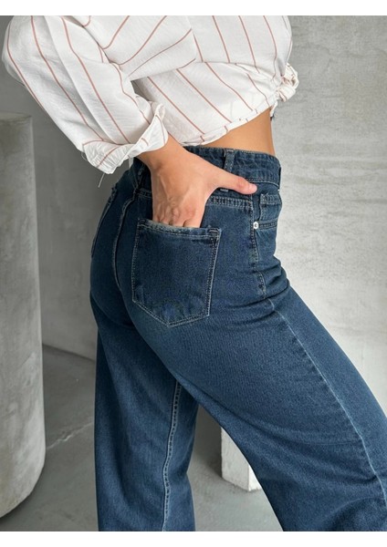 Palazzo Bıyık Enzim Yıkama Jeans Pantolon Koyu Mavi D2008 modelleri