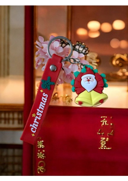 Noel Baba Figürlü Christmas Temalı Silikon Anahtarlık – Kırmızı Deri Askılı Santa claus figürlü