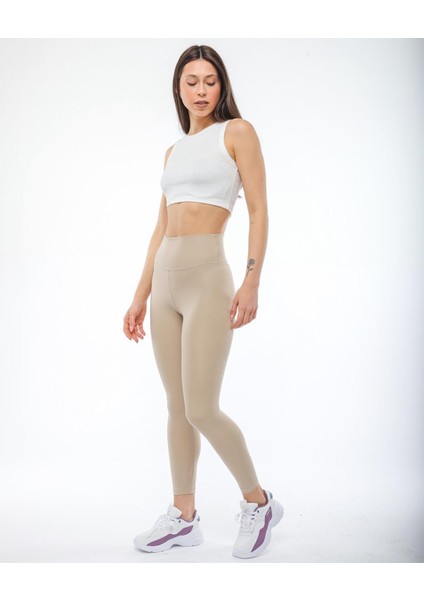 Kadın Yüksek Bel Oysho Kumaş Tayt Krem