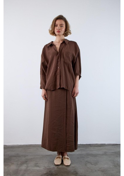 Kadın Düşük Omuzlu Owersize Gömlek Kahverengi