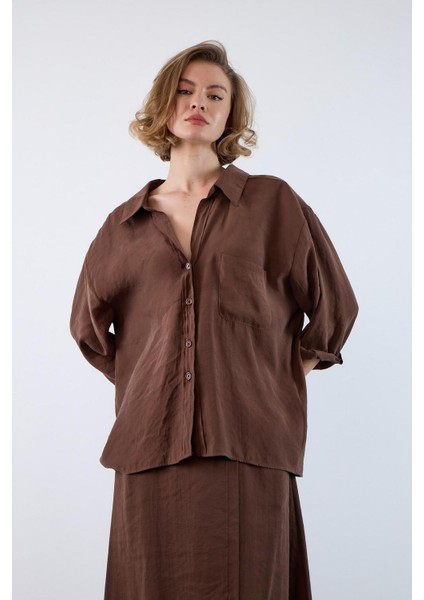 Kadın Düşük Omuzlu Owersize Gömlek Kahverengi fiyatları