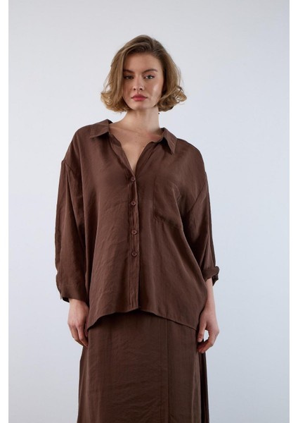 Kadın Düşük Omuzlu Owersize Gömlek Kahverengi modelleri