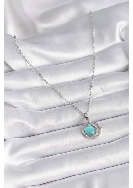 316L Çelik Gümüş Renk Mavi Sedefli Hilal Model Kadın Kolye - TJ-BKO9409 fiyatları