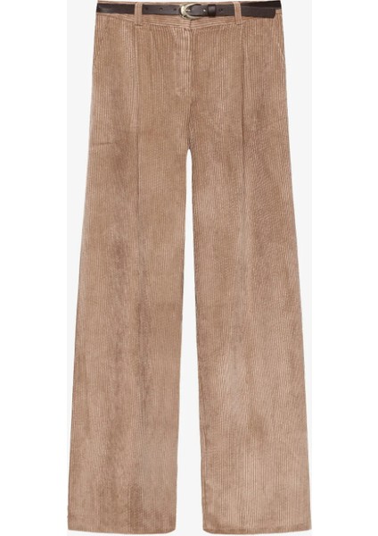 Kadın Kemerli Fitilli Kadife Bol Paça Pantolon Bej