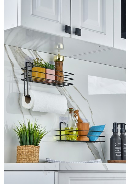 Erd&ema Home Güçlü Yapışkanlı Baharatlık 2 Li Metal Kağıt Havluluk Siyah Baharat Standı Mutfak Rafı