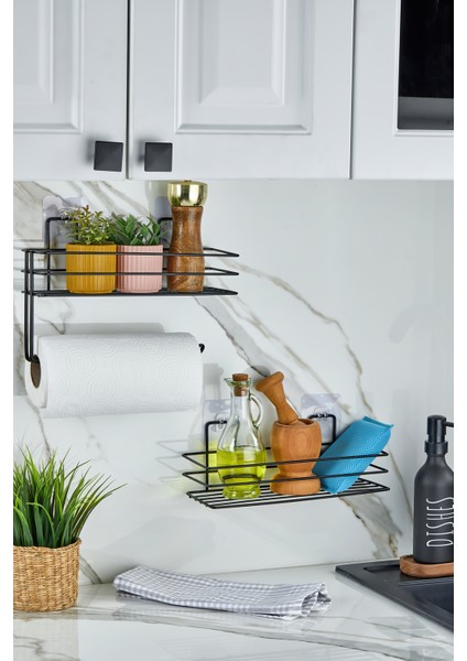 Erd&ema Home Güçlü Yapışkanlı Baharatlık 2 Li Metal Kağıt Havluluk Siyah Baharat Standı Mutfak Rafı