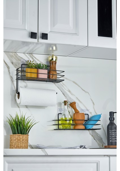 Erd&ema Home Güçlü Yapışkanlı Baharatlık 2 Li Metal Kağıt Havluluk Siyah Baharat Standı Mutfak Rafı