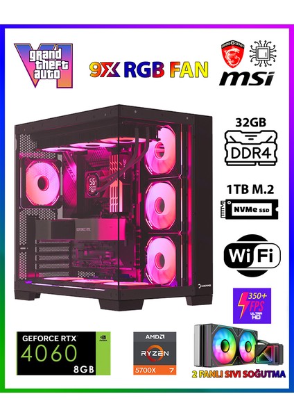 GTA-Valo X50 💎 Ryzen 7 5700X 32GB Ram 1TB M.2 Nvme SSD 8GB GDDR7 RTX4060 Ekran Kartı Oyuncu Masaüstü Bilgisayarı