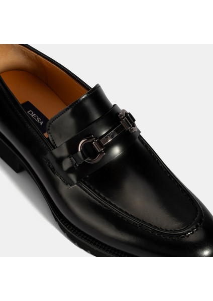Erkek Siyah Metal Aksesuarlı Deri Loafer
