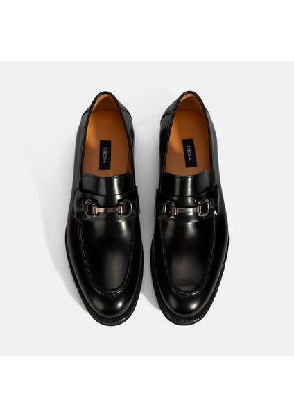 Erkek Siyah Metal Aksesuarlı Deri Loafer