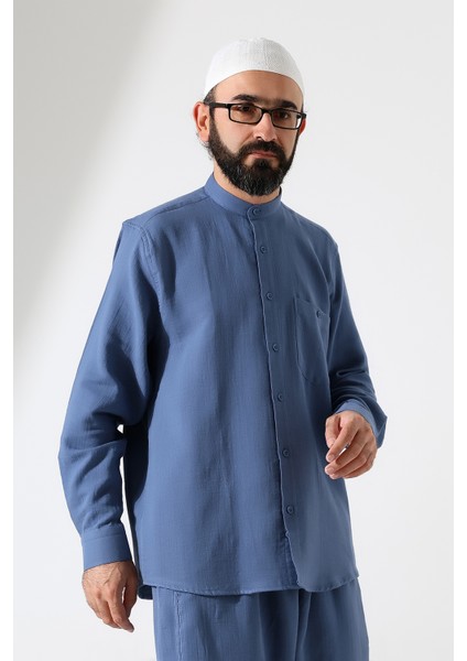 Erkek Müslin Hakim Yaka Uzun Kollu Düğmeli Gömlek, Hac Umre Kıyafeti - Mavi (Ans)