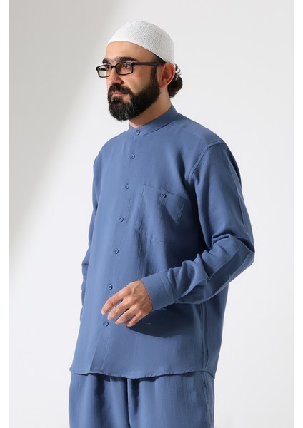 Erkek Müslin Hakim Yaka Uzun Kollu Düğmeli Gömlek, Hac Umre Kıyafeti - Mavi (Ans) fiyatları