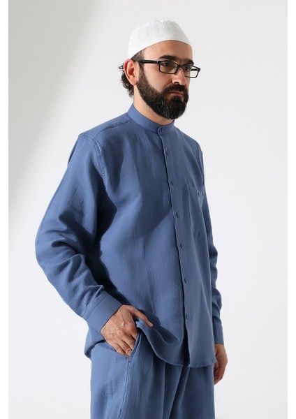 Erkek Müslin Hakim Yaka Uzun Kollu Düğmeli Gömlek, Hac Umre Kıyafeti - Mavi (Ans) modelleri