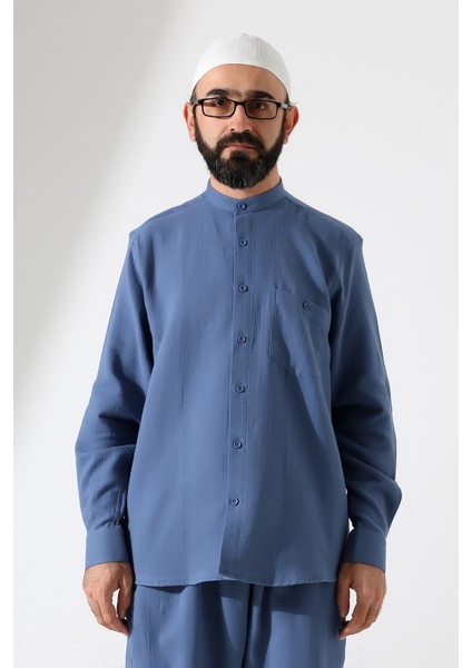 Erkek Müslin Hakim Yaka Uzun Kollu Düğmeli Gömlek, Hac Umre Kıyafeti - Mavi (Ans) fırsatları