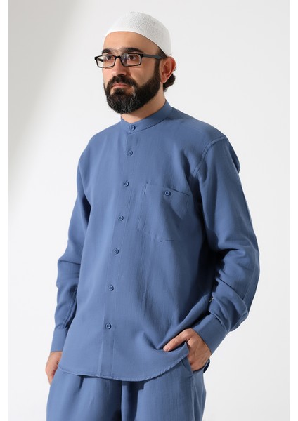 Erkek Müslin Hakim Yaka Uzun Kollu Düğmeli Gömlek, Hac Umre Kıyafeti - Mavi (Ans) indirimleri