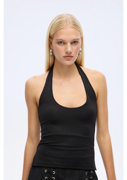 Kadın Sırt Dekolteli Halter Yaka Basic Bluz Siyah