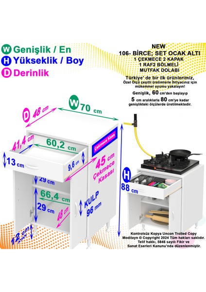 Birce Xl-70 x 87 x 48 cm Kapaklı Set Ocak Altı Çekmeceli Çok Amaçlı Mutfak & Banyo Dolabı indirimleri