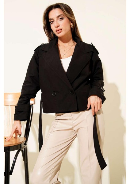 Kadın Kruvaze Yaka Kuşaklı Kısa Trençkot Siyah fiyatları