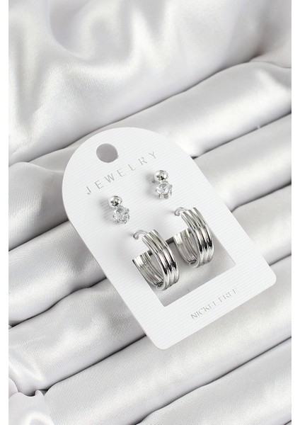 Pirinç Zirkon Taş ve Halka Figürlü Gümüş Renk 3'lü Çift Kadın Küpe Set - TJ-BKP10649