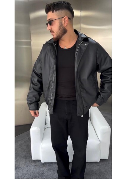 Erkek Owersize Deri Mont Siyah
