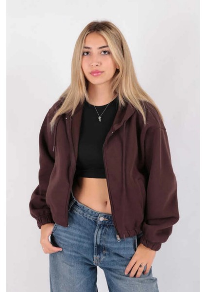 Kadın Fermuarlu Kısa Hırka Kahverengi