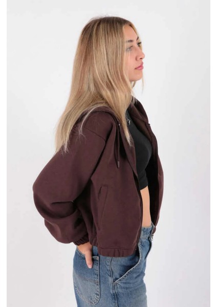 Kadın Fermuarlu Kısa Hırka Kahverengi modelleri