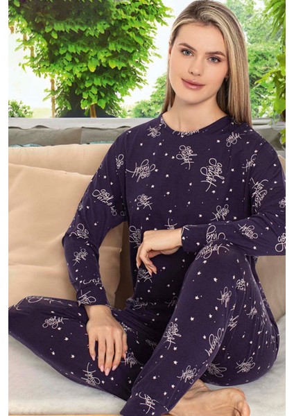Kadın Yıldız Desen Uzun Kol Pijama Takımı 240966 Mor fiyatları