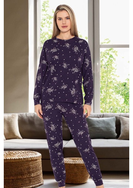 Kadın Yıldız Desen Uzun Kol Pijama Takımı 240966 Mor modelleri