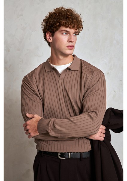 Erkek Polo Yaka Fitilli Oversize Triko Kazak