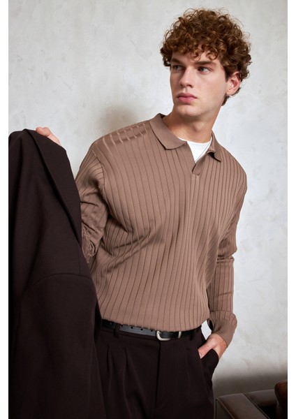 Erkek Polo Yaka Fitilli Oversize Triko Kazak fiyatları