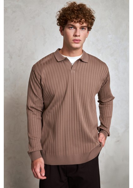 Erkek Polo Yaka Fitilli Oversize Triko Kazak modelleri