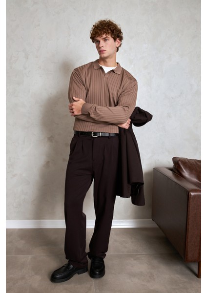 Erkek Polo Yaka Fitilli Oversize Triko Kazak indirimleri