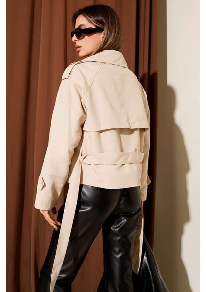 Kadın Kruvaze Yaka Kuşaklı Kısa Trençkot Taş modelleri