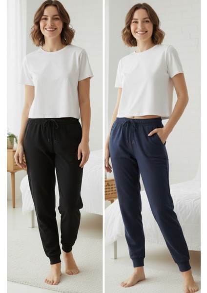 %100 Pamuk 2'li Paket Süprem Kadın Pijama Altı Cepli Rahat Kalıp Dar Paça Ipli Terletmez Siyah Lacivert