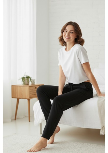 %100 Pamuk 2'li Paket Süprem Kadın Pijama Altı Cepli Rahat Kalıp Dar Paça Ipli Terletmez Siyah Lacivert indirimleri