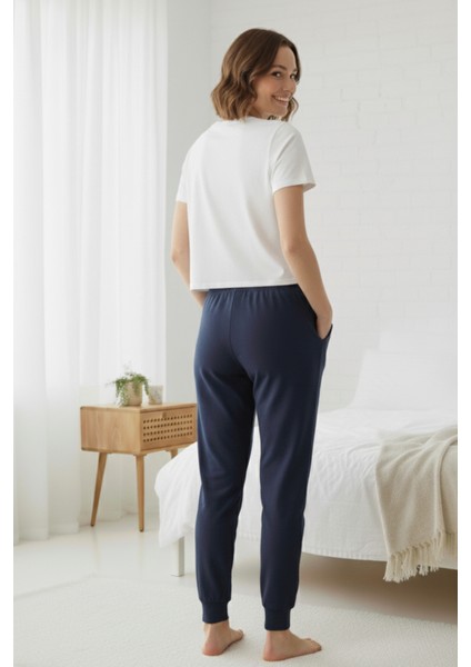 %100 Pamuk 2'li Paket Süprem Kadın Pijama Altı Cepli Rahat Kalıp Dar Paça Ipli Terletmez Siyah Lacivert