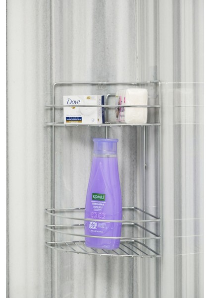 Paslanmaz Krom Yapışkanlı Şampuanlık 2 Katlı Banyo Köşeliği Düzenleyici