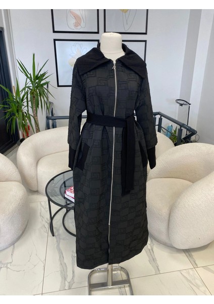 Nuss Jakarlı Uzun Pardesü Siyah