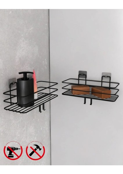 Siyah Güçlü Yapışkanlı Kancalı Banyo Rafı 2 Adet Banyo Rafı