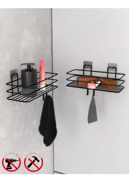 Siyah Güçlü Yapışkanlı Kancalı Banyo Rafı 2 Adet Banyo Rafı fırsatları