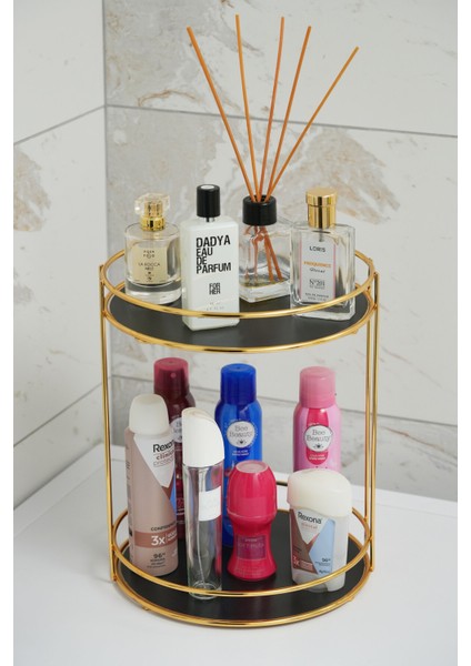 2 Katlı Çok Amaçlı Altın Renkli Banyo Düzenleyici Kozmetik ve Takı Organizeri