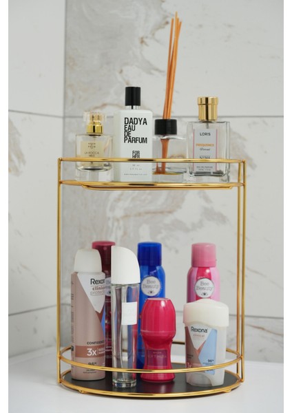 2 Katlı Çok Amaçlı Altın Renkli Banyo Düzenleyici Kozmetik ve Takı Organizeri fiyatları