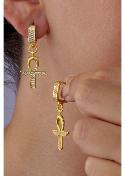 Altın Kaplama 925 Ayar Gümüş Ankh Sembol Küpe