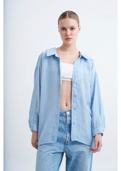 Kadın Düşük Omuzlu Owersize Gömlek Bebe Mavi