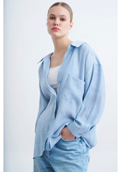 Kadın Düşük Omuzlu Owersize Gömlek Bebe Mavi fırsatları