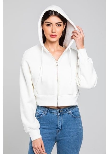 Kadın Fermuarlu Kısa Hırka Beyaz