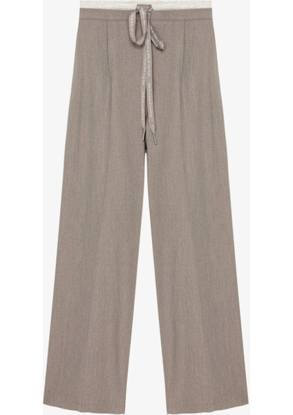 Kadın Çift Bel Detaylı Bağcıklı Bol Paça Pantolon Gri