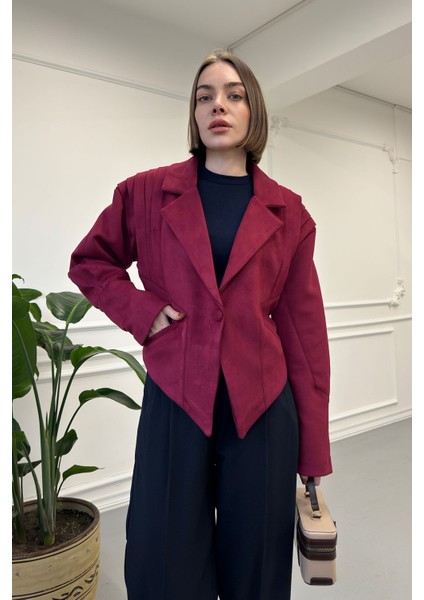 Kollu Nevürlü Süet Ceket- Bordo