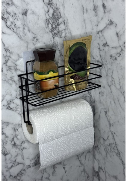 Rulo Kağıt Havluluklu Yapışkanlı Mutfak Düzenleyici Organizer Raf Siyah