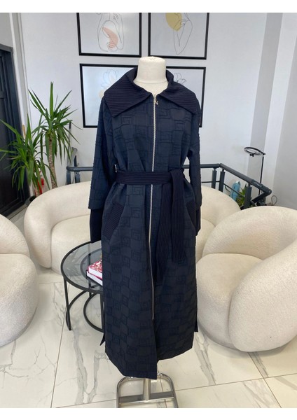 Nuss Jakarlı Uzun Pardesü Lacivert